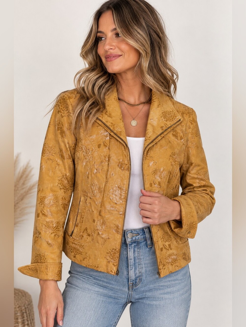 Pamela McCoy Genuine Leather Floral Moto Jacket Mustard Gold Size L